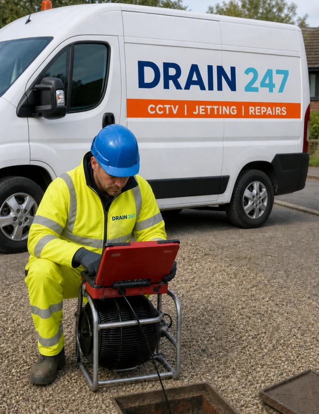 Drain 247 engineer running a CCTV drain survey from a branded van