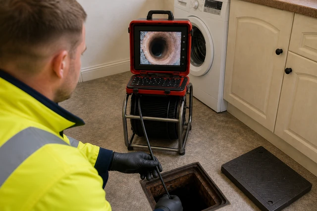 CCTV drain survey inside a property — the inspection that specifies a repair, not the lining itself