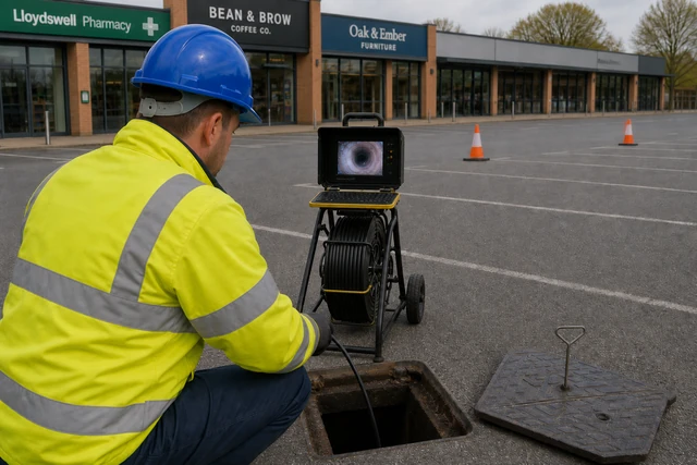 Drain 247 engineer carrying out a CCTV drain survey in a retail park car park