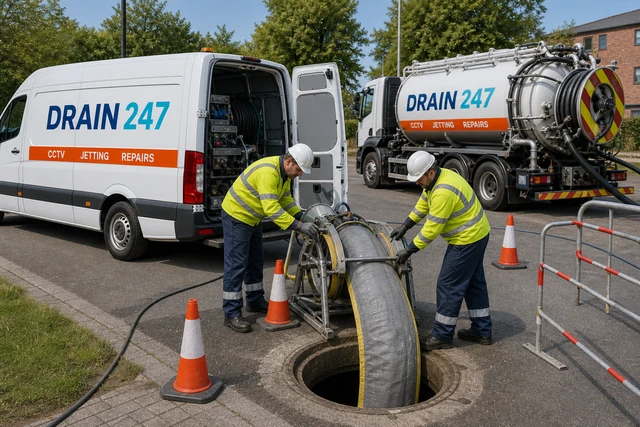 Drain 247 CIPP lining a large-diameter culvert from the carriageway, road left in place