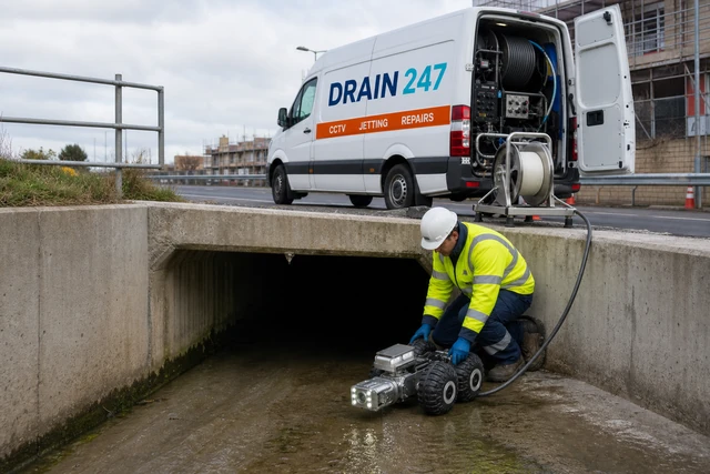 Drain 247 CCTV crawler in an open box culvert, Chapter 8 barriers on the road, cable over the parapet, engineer at the van