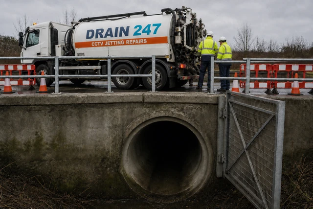 Drain 247 JetVac tanker at a circular culvert, Chapter 8 barriers on the road, trash screen swung open, hose over the parapet into the open pipe