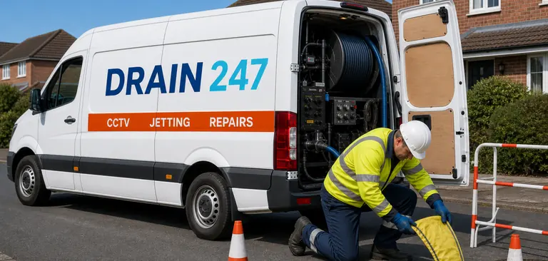 Drain 247 engineer preparing a drain repair from a branded van in Hertfordshire