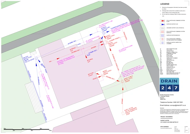 Example Drain 247 drainage plan showing pipe routes, invert levels, chambers and flow direction