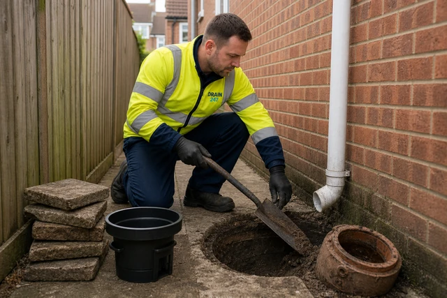 Drain 247 engineer excavating and replacing a gully at the side of a Hertfordshire house