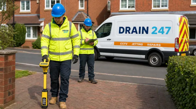 Drain 247 engineers tracing an underground drain with a locator on a Hertfordshire driveway