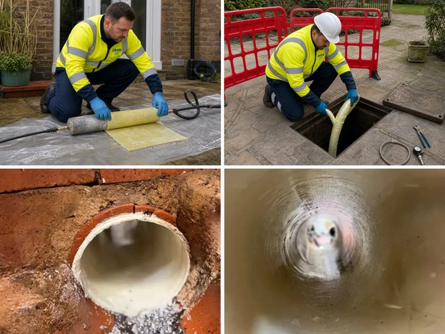 Drain 247 patch lining: preparing the resin patch, fitting it from a manhole, and the finished liner in the pipe