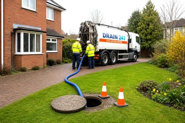 Drain 247 tanker on a house driveway emptying a cesspit, hose across the garden to the open cover