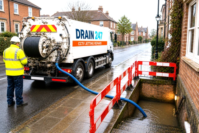Drain 247 tanker extracting flood water from a basement lightwell, hose from the street, Chapter 8 barriers on the pavement