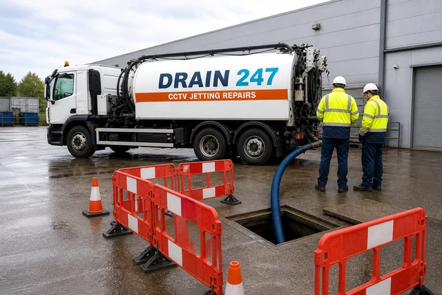 Drain 247 tanker emptying a commercial interceptor, Chapter 8 barriers around the open chamber