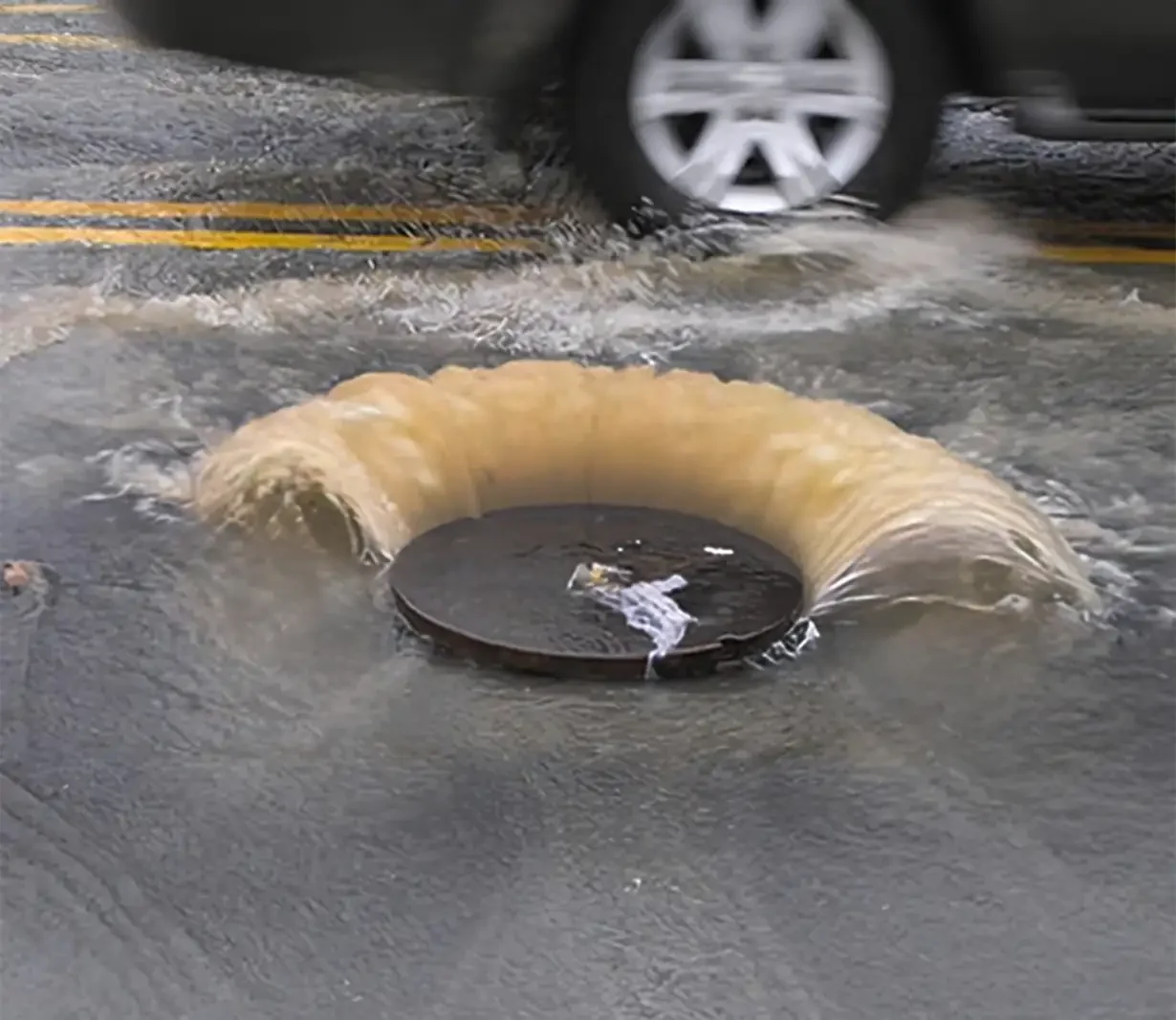 depicting a drainage system struggling to cope with heavy rain, showing water pooling on the surface due to overwhelmed drains. The scene highlights the challenges of managing excessive rainfall, with visible water accumulation and potential flooding in the area