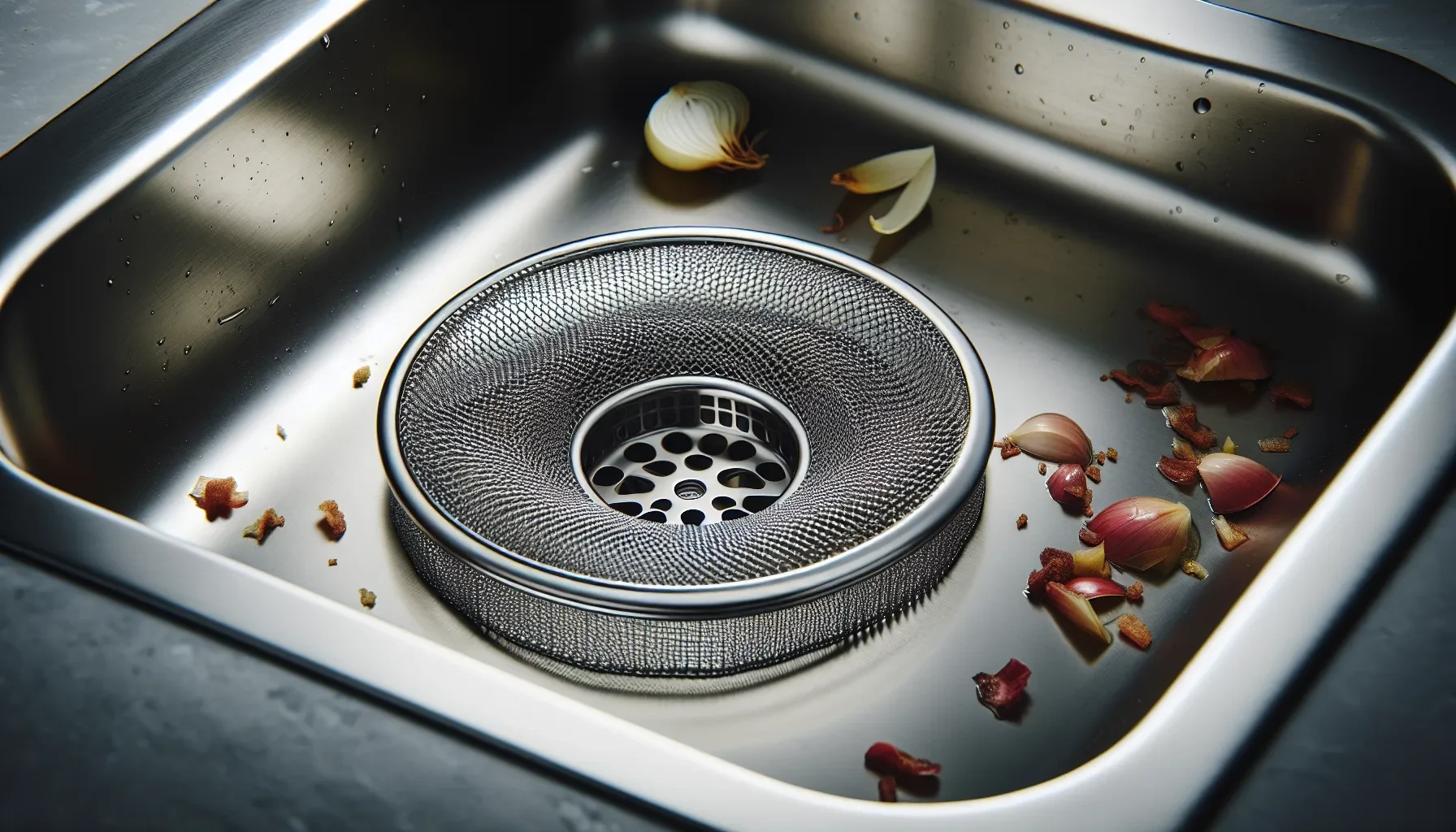 Image of a mesh drain guard placed over a kitchen sink.