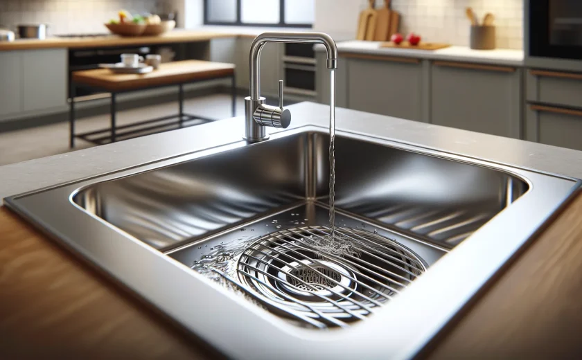 Kitchen sink with drain guard catching debris