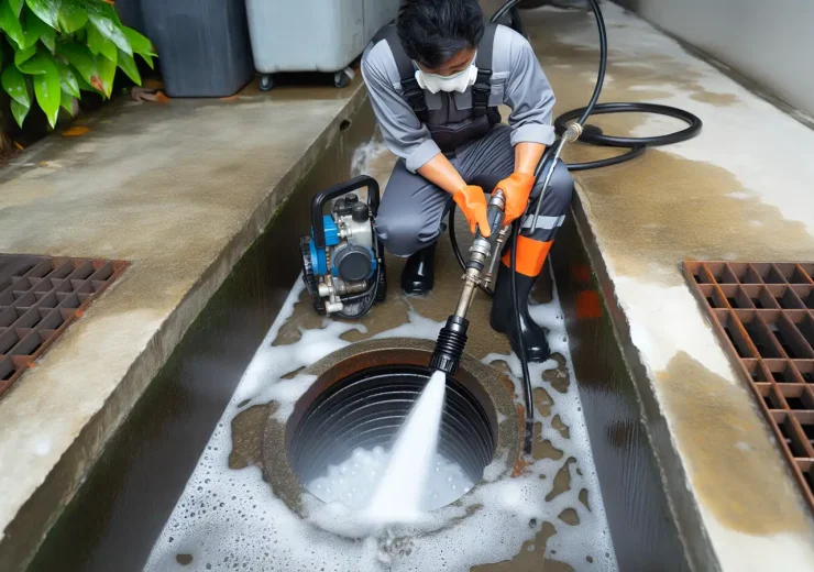 A professional using high-pressure water jetting to clear an external drain: