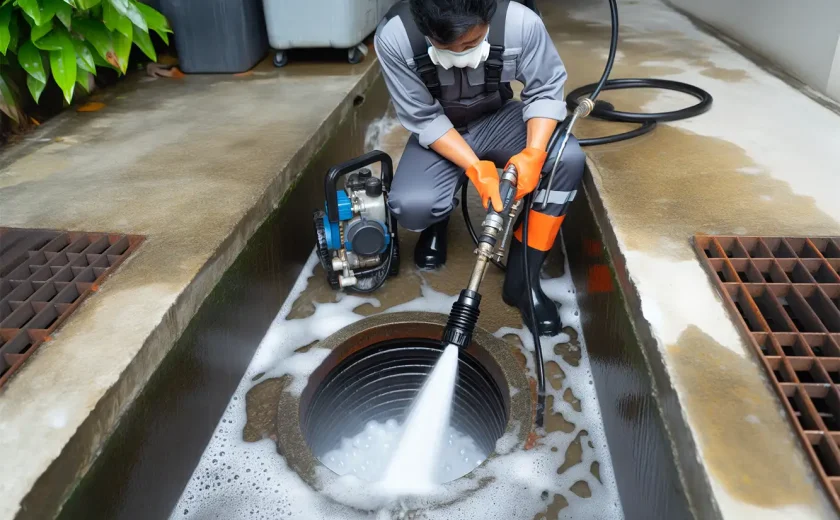 A professional using high-pressure water jetting to clear an external drain: