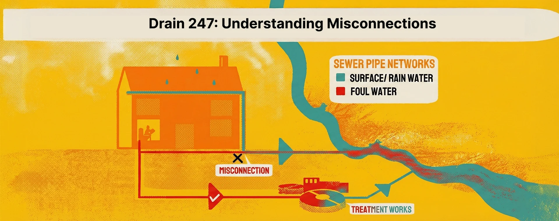 A diagram showing the connections between drainage systems and illustrating a misconnection.