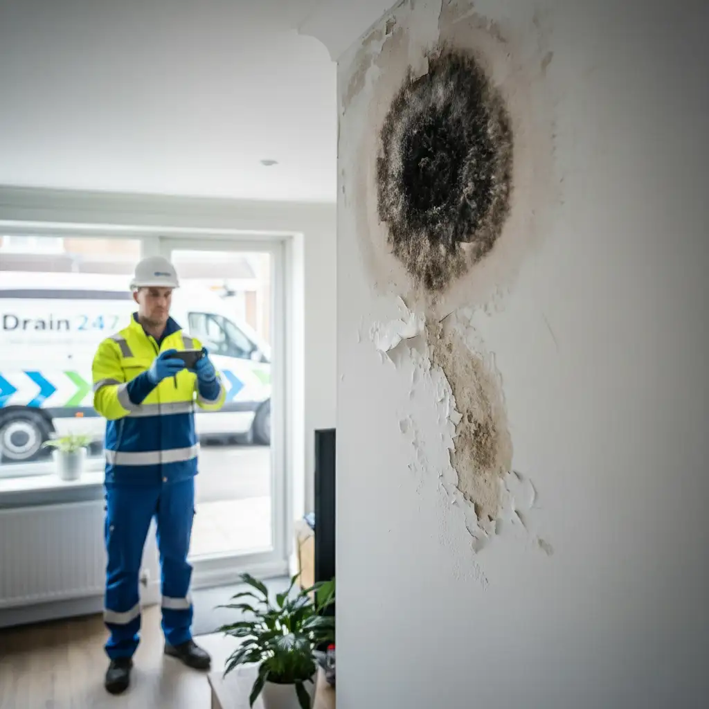 Drain 247 engineer inspecting downpipe damage