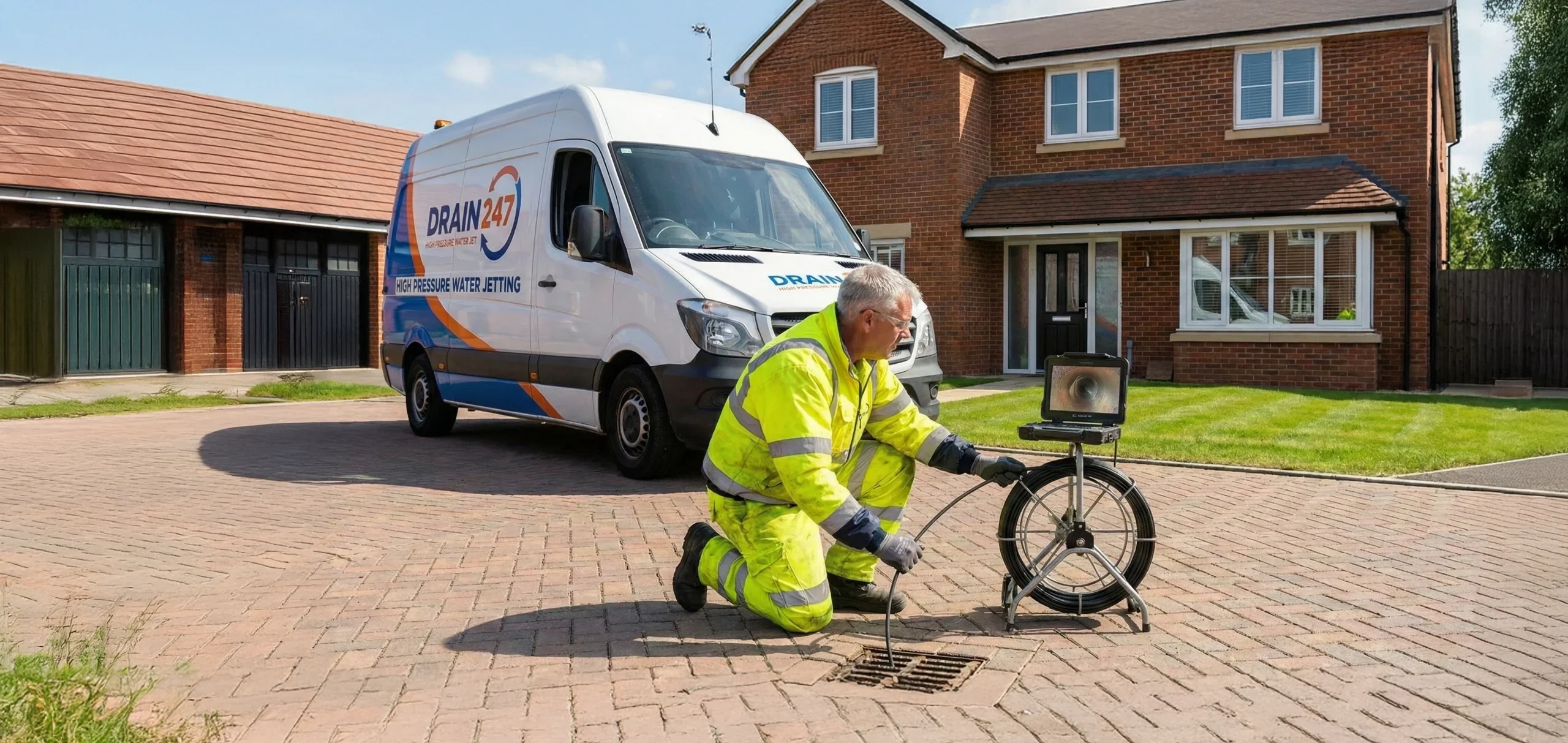 A drainage engineer carrying out CCTV drainage inspection on a domestic property.