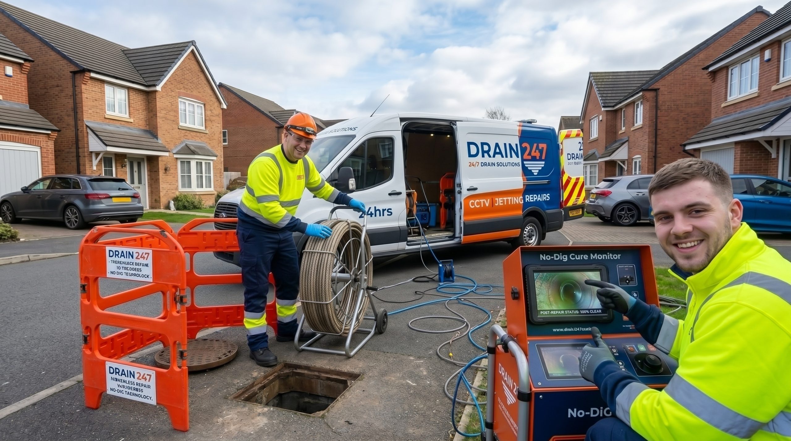 Two engineers smiling at the camera while performing drain services.