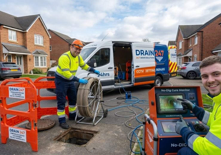 Two engineers smiling at the camera while performing drain services.