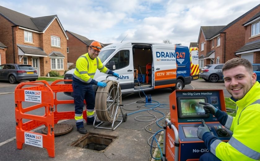 Two engineers smiling at the camera while performing drain services.