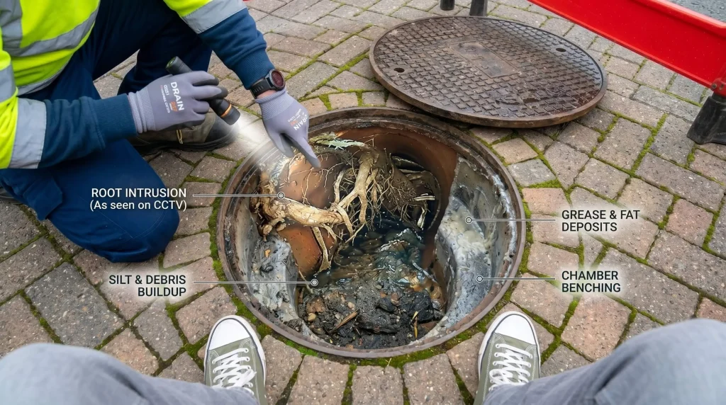 An open manhole showing various defects within a drain.