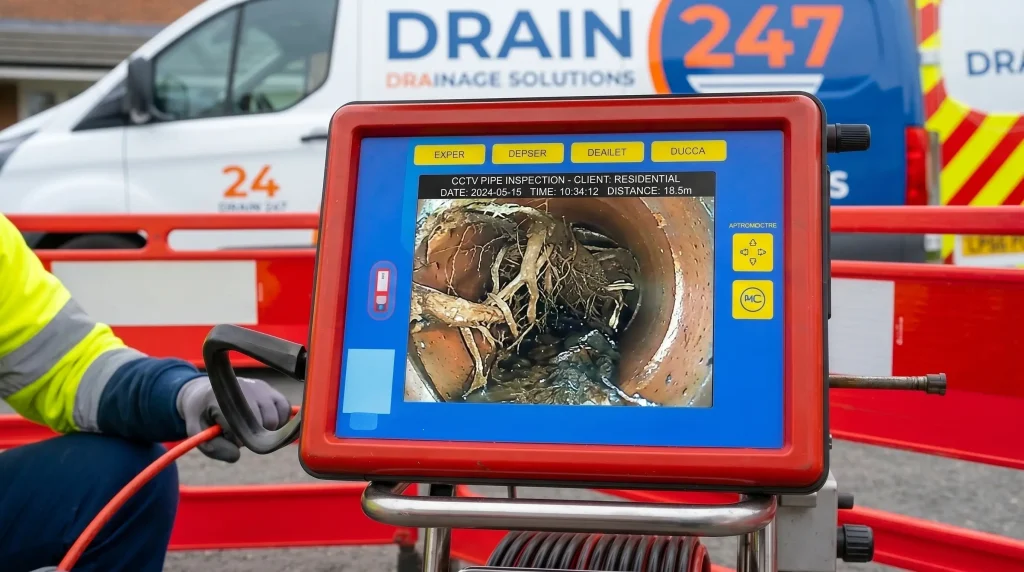 A CCTV camera inspection showing root intrusion inside a pipe.
