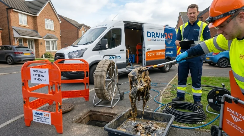 Engineers holding up a fatberg removed from a recently unblocked drain.