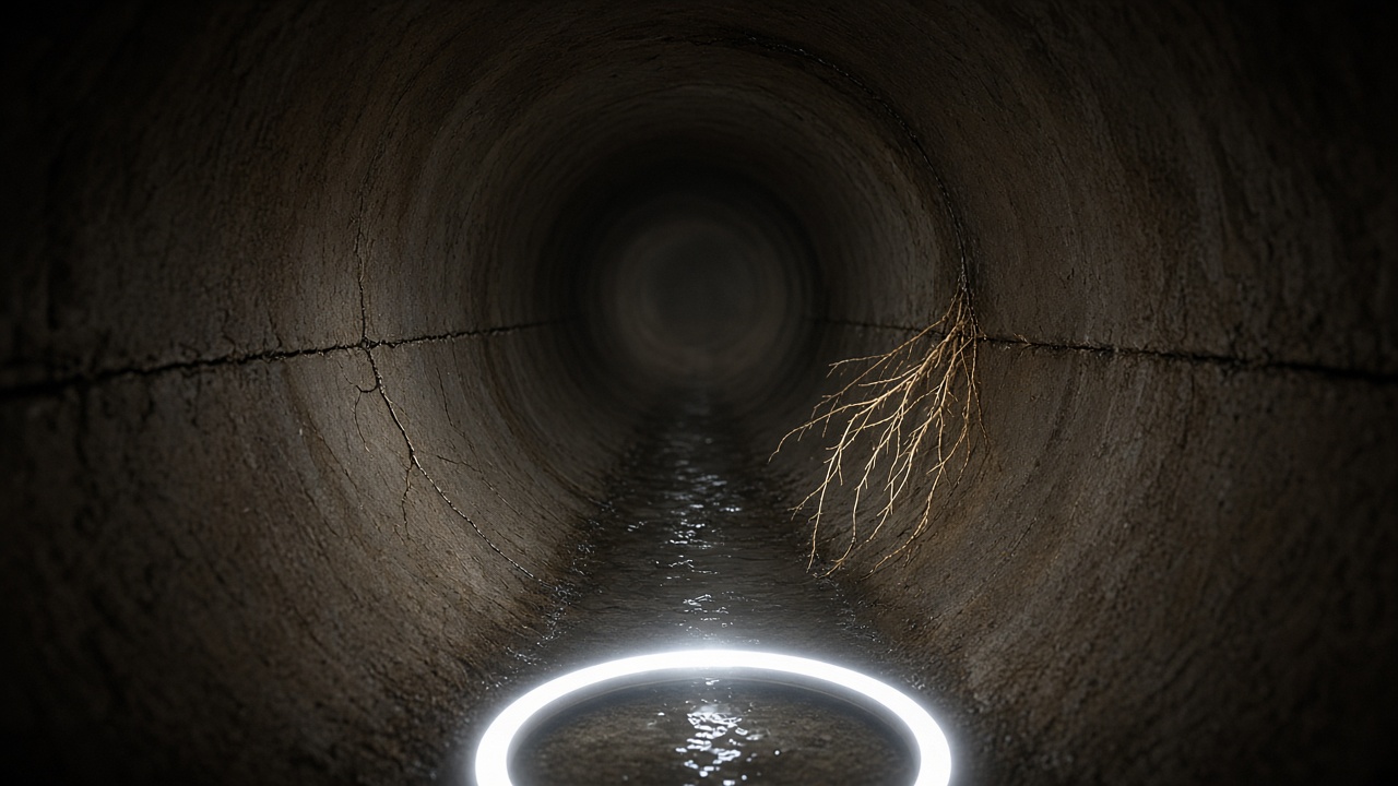 CCTV drain survey camera crawler lighting up the inside of an old clay drain pipe with a crack and tree roots growing through it