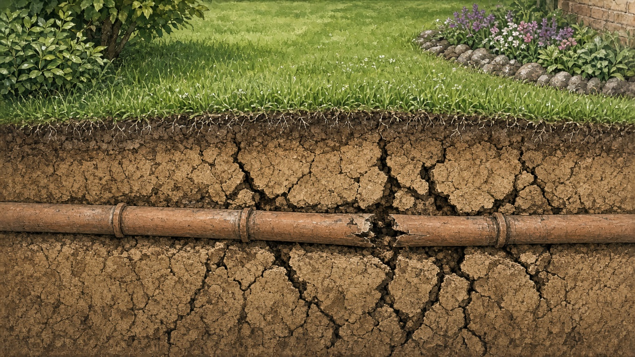 Illustration of a cross-section of dry, cracked clay soil under a lawn with an old clay drain pipe showing a displaced joint and tree roots growing towards the gap as rain begins to fall