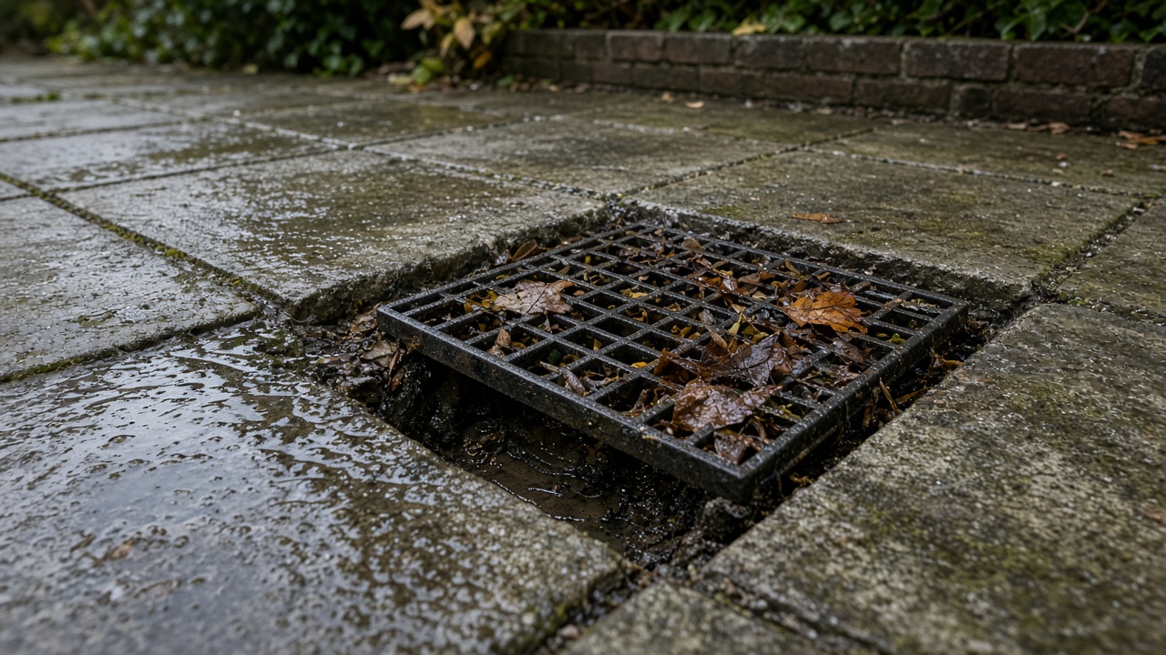 Garden drain gully at the foot of a black downpipe blocked with wet autumn leaves, moss and silt, with rainwater pooling on the paving